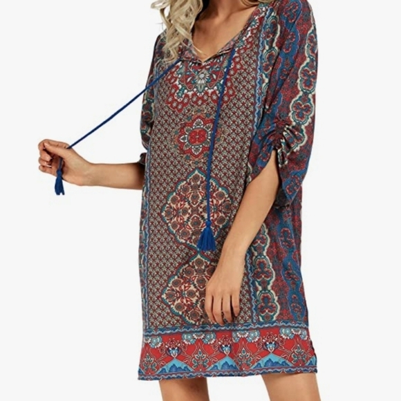 Urban Coco Bohemian Split V- Neck Tassle Tie Side Slit Swimsuit Cover-up Size XL - Picture 2 of 13